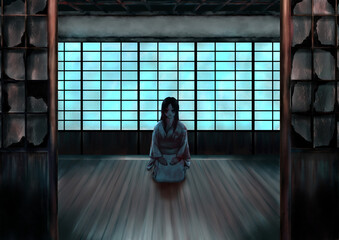 着物を着た血だらけの女性の幽霊と月明かりに照らされた床張りの日本家屋 © nijin