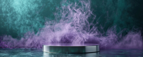 A sleek silver podium with an empty pedestal on a metallic dark teal background, surrounded by purple smoke. The cool, sophisticated colors and the ethereal smoke create a modern and captivating