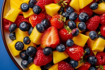 Obraz premium A close-up shot of a colorful fruit salad with a variety of fresh berries, mint leaves, and a light honey glaze. Colorful. 3. Beautiful simple AI generated image in 4K, unique.