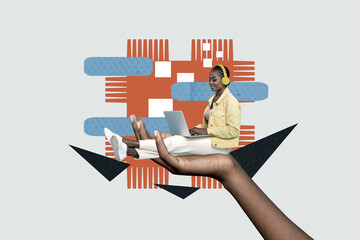 Collage 3d image of pinup pop retro sketch of hand hold female freelancer headphones remote worker unusual fantasy billboard comics