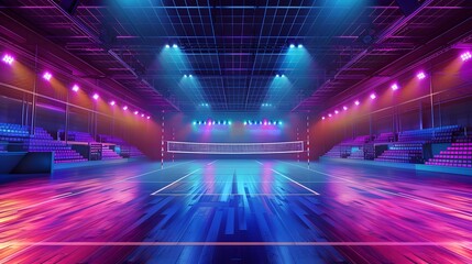 Empty professional volleyball court in lights. 