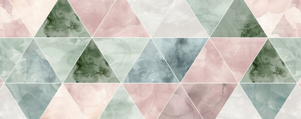 Minimalist geometric watercolor pattern art in muted Pantone tones, showcasing abstract triangles and hexagons in muted shades of dusty rose, sage green, and pale gray.