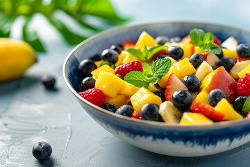 A close-up shot of a colorful fruit salad with a variety of fresh berries, mint leaves, and a light honey glaze. Colorful. 3. Beautiful simple AI generated image in 4K, unique.