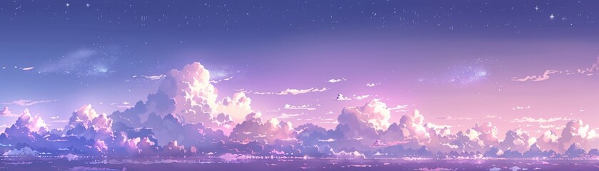 Clouds drifting across a purple twilight sky stars beginning to twinkle illustrated in expressive anime style with serene colors and fine details