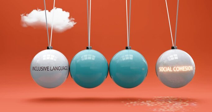 Inclusive language leads to social cohesion. A Newton cradle metaphor in which inclusive language gives power to set social cohesion in motion. Cause and effect relation between inclusive language and