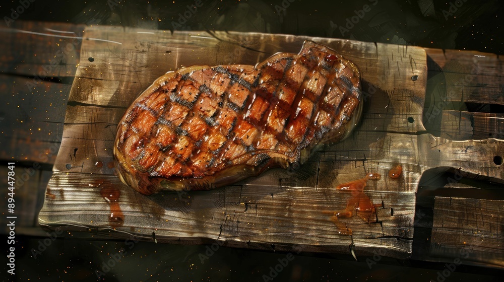 Wall mural Juicy meat steak with artistic grill marks on a wooden board