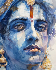 Watercolor close-up painting of Lord Balarama, with rich blues, whites, and golds, highlighting his noble and strong face.