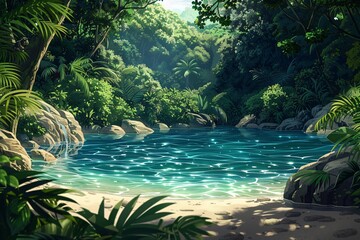 Crystal clear lagoon surrounded by tropical vegetation the water shimmering under the sun captured in lively anime style with bright colors and dynamic scenery