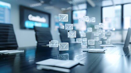 Business conference room with innovative email marketing visuals, highlighting increased reach