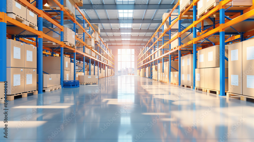 Poster warehouse storage interior with stacked boxes and pallet racking. bright and clean environment for e