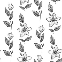 Seamless pattern with hibiscus flower in hand drawn sketch style