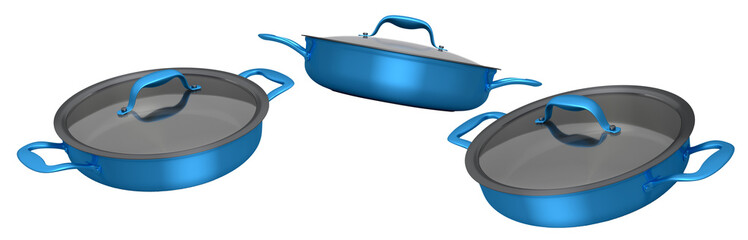 Set of frying pan with glass lid on white background, non-stick kitchen utensils