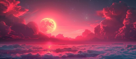 Pink Sky and Moon over Clouds