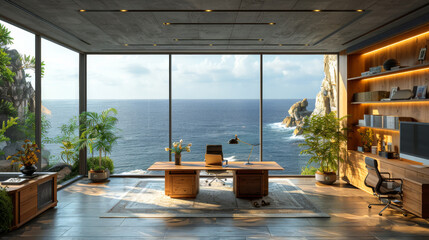 Fototapeta premium Modern office interior with a large panoramic window overlooking the endless sea. Stylish office design.