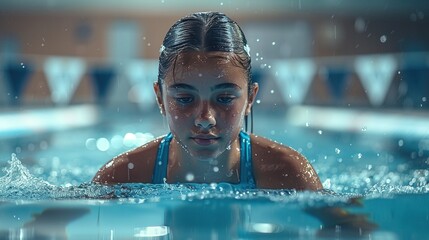 Swimmer taking breath during intense training in indoor pool