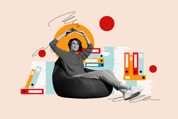 Creative drawing collage picture of tired confused young female office worker tired freak bizarre...