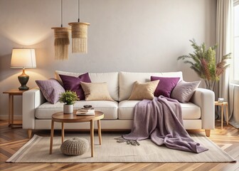 Cozy minimalist living room features a sleek white sofa accented with vibrant purple throw pillows and a matching blanket, surrounded by warm neutral tones.