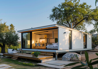 a modern modular home constructed from shipping containers, mobile, house, captivating, Shipping Container Tiny Home, steel containers, supreme quality, superior lighting
