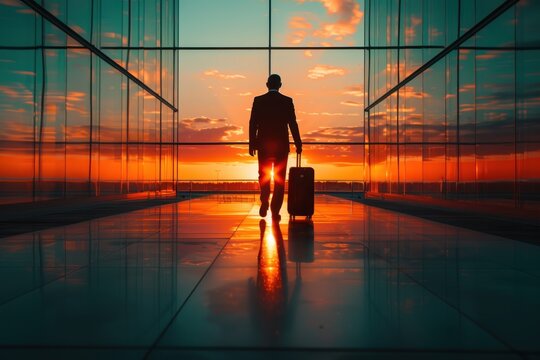 Businessman with suitcase walks towards sunset light - Powered by Adobe