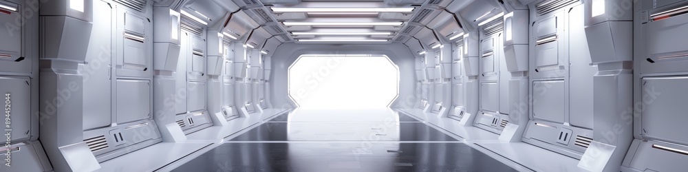 Poster a large, empty space with a white ceiling and walls. the space is very open and has a futuristic fee