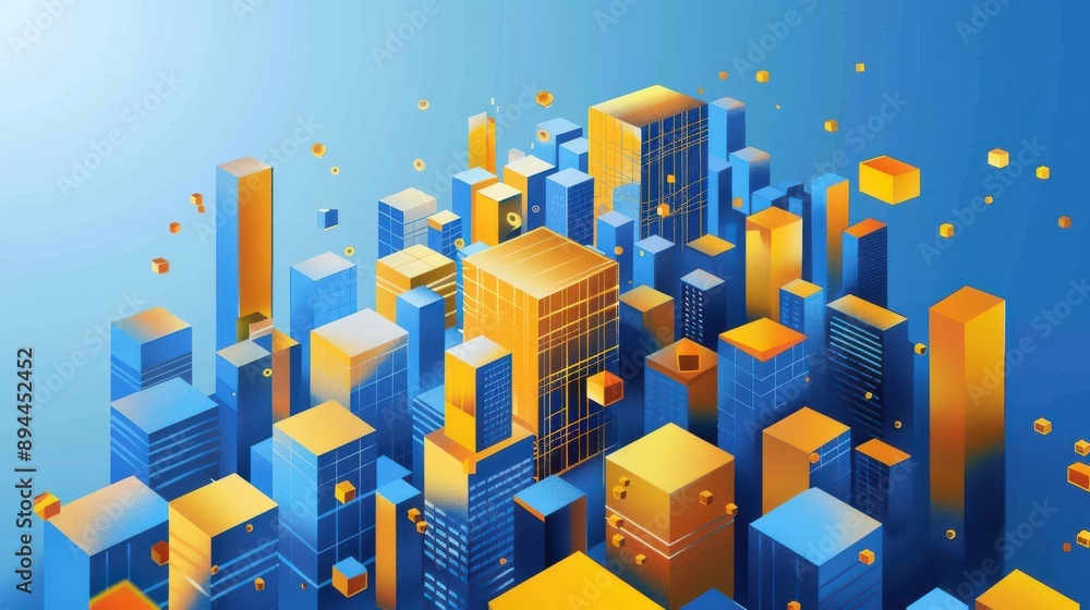 Poster a cityscape with many buildings made of blocks in blue and yellow. the blocks are arranged in a way 