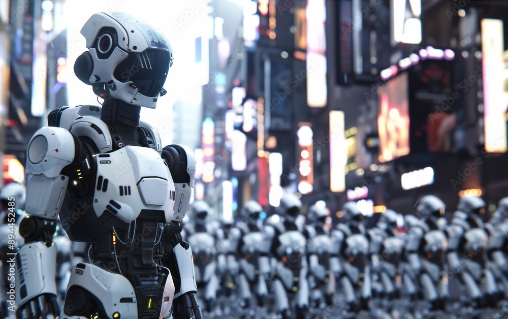 Poster a robot is standing in a city street with a group of other robots. the scene is futuristic and the r