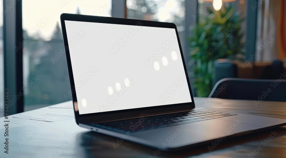 Poster a laptop is open on a table with a window behind it. the laptop screen is blank, and the window behi