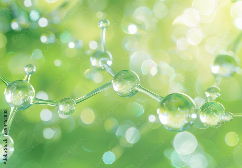 Poster a green background with a bunch of small, clear spheres. the spheres are arranged in a way that they