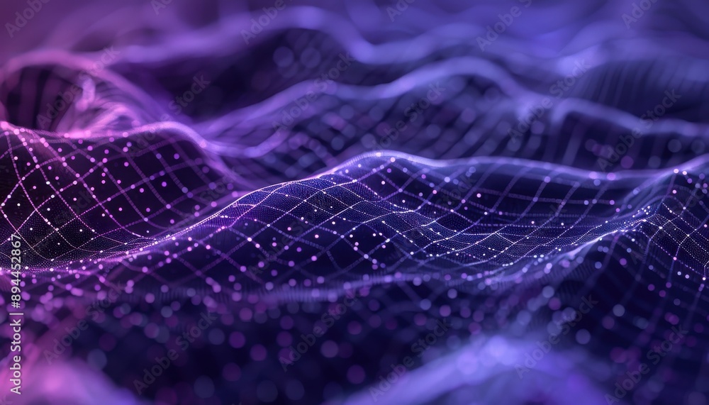 Poster a purple and blue wave with a grid pattern. the image is abstract and has a futuristic feel to it