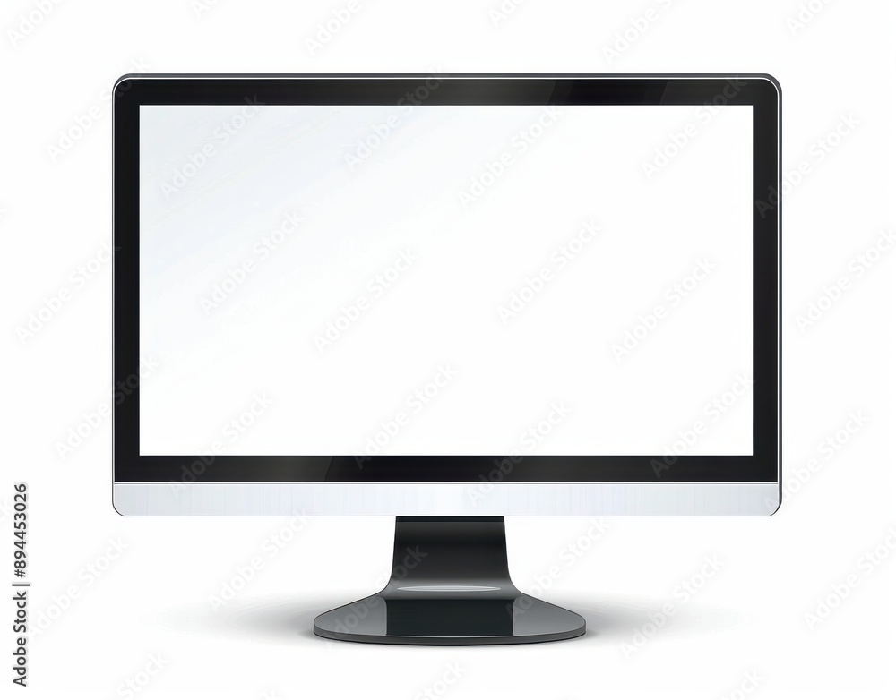 Poster a computer monitor with a black frame and a white background. the screen is empty
