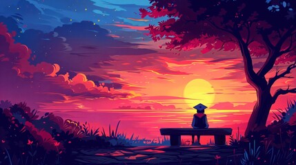 Graduation cap placed on a stone bench with a sunset view illustrated in expressive anime style with rich hues and serene atmosphere