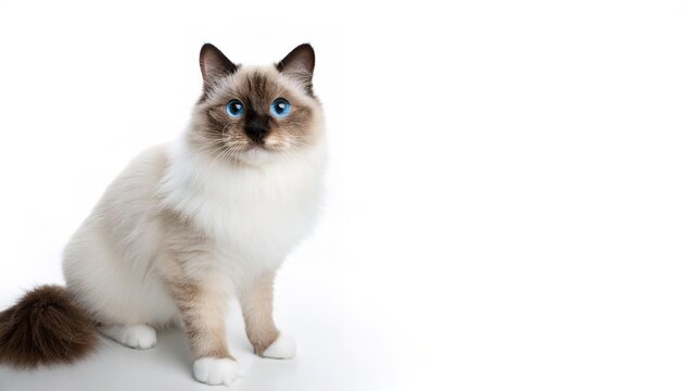 Birman aka Sacred Cat of Burma, is a long haired, color pointed cat distinguished by a silky coat, deep blue eyes, and contrasting white gloves on each paw. isolated on white background