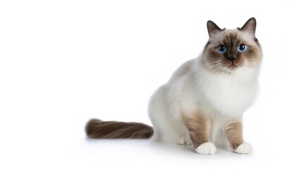 Obraz premium Birman aka Sacred Cat of Burma, is a long haired, color pointed cat distinguished by a silky coat, deep blue eyes, and contrasting white gloves on each paw. isolated on white background