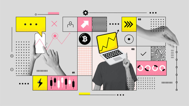 Contemporary artwork. Creative design. group of people, employees working together to create new profitable idea. Concept of stock trade, Bitcoin trade,  career development. Copy space for ad. Vector 