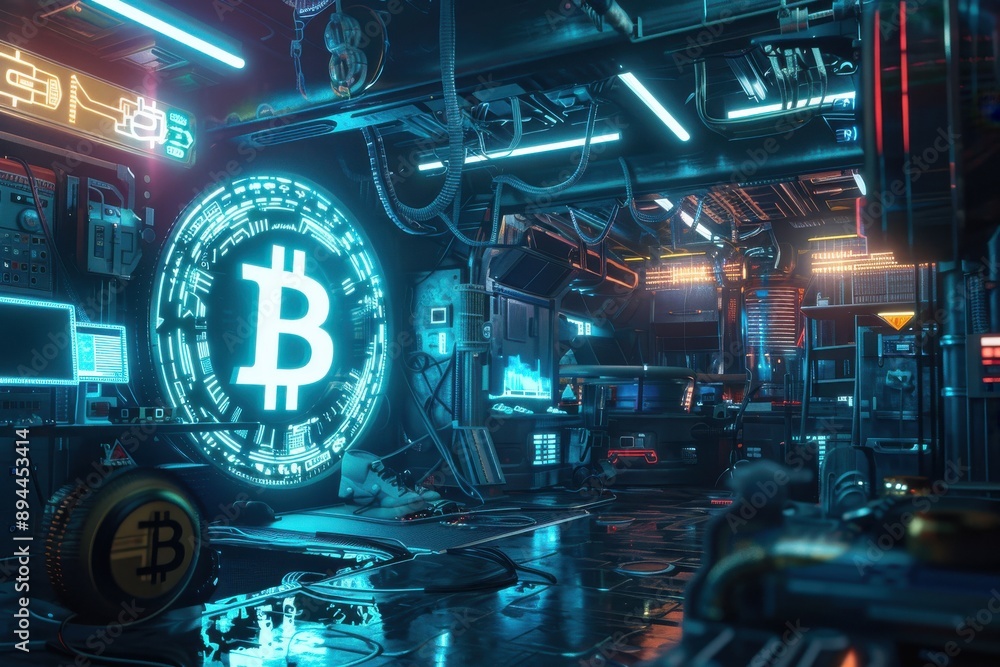 Poster a neon sign with a large b on it hangs in a room with a lot of lights. the room is filled with compu