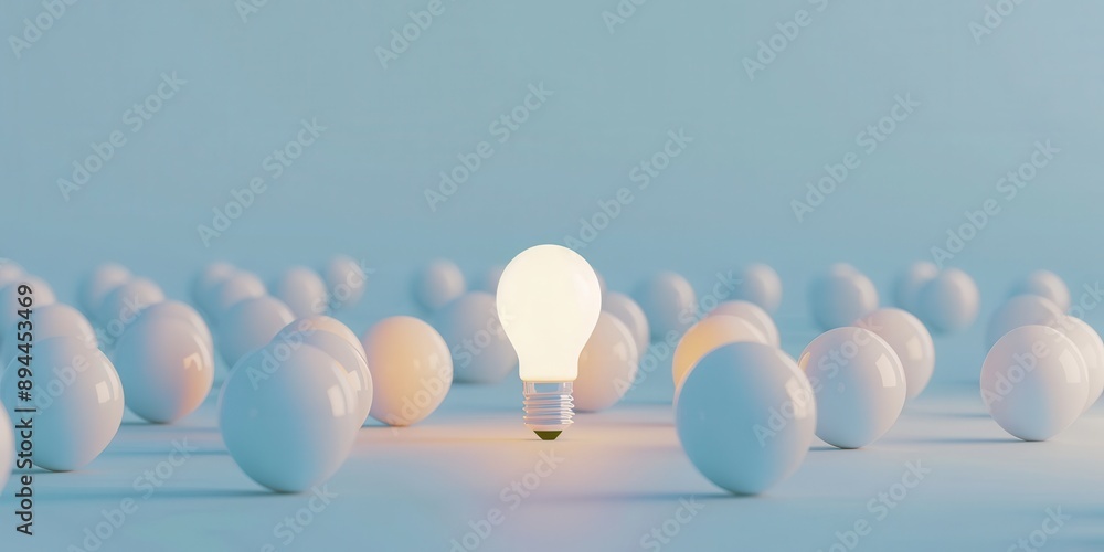 Poster a light bulb is the only object in a field of white spheres. the light bulb is lit up, drawing atten