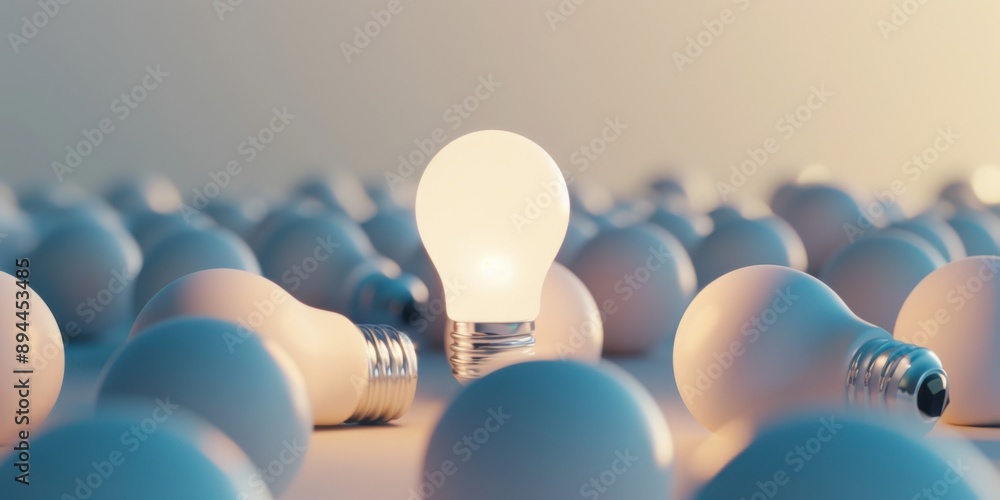 Poster a light bulb is the only one lit up in a bunch of other light bulbs. concept of a single idea or con