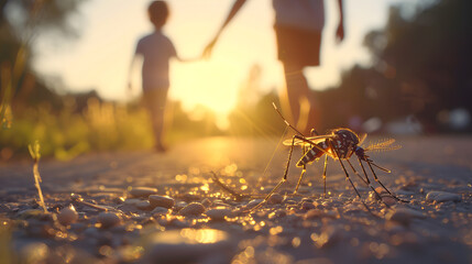 Silhouette close up of mosquito on the road and family outdoor, under the sunset, Concept of prevention mosquito-borne disease