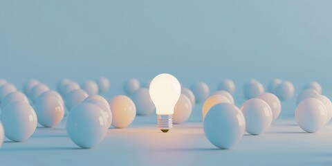 A light bulb is the only object in a field of white spheres. The light bulb is lit up, drawing attention to itself. Concept of focus and importance