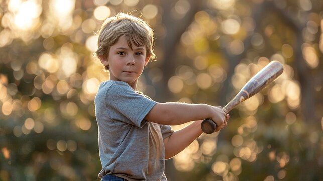 A young boy is holding a baseball bat and standing in a field - Powered by Adobe