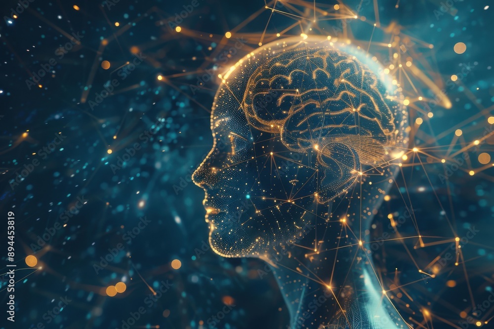 Poster a woman's head is shown in a computer generated image with a lot of lines and dots surrounding it. t