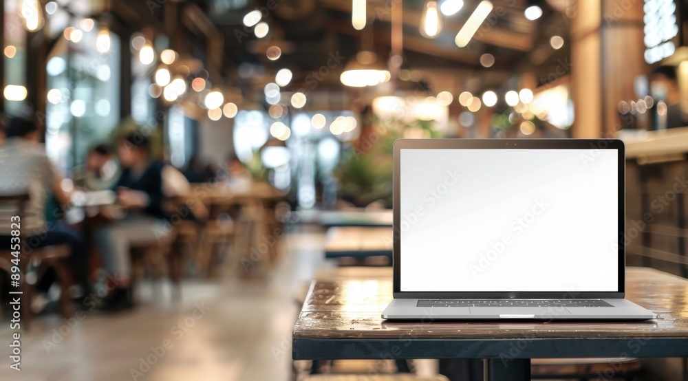 Poster a laptop is open on a table in a restaurant. the table is surrounded by chairs and there are several