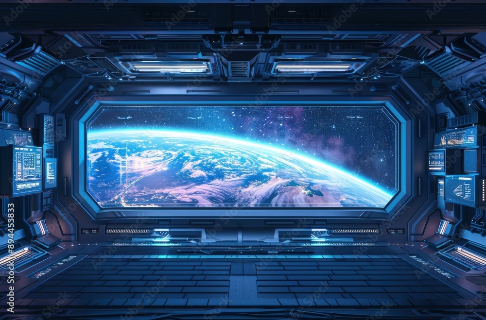 Poster a blue and white space with a planet in the middle. the planet is surrounded by stars and the space 