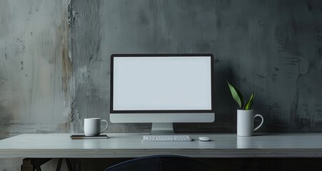 Fototapeta premium A computer monitor sits on a desk with a cup and a plant