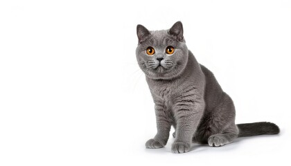 Obraz premium British short hair cat, with a distinctively stocky body, thick coat, and broad face with a solid grey blue coat, pineapple eyes, and a medium sized tail. isolated on white background