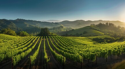 Fototapeta premium A vineyard with rows of green vines and a beautiful view of the mountains. The sun is setting, casting a warm glow over the landscape