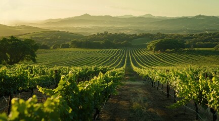 Fototapeta premium A lush green vineyard with a beautiful view of the mountains. The vines are neatly lined up and the landscape is serene and peaceful