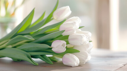 Tulips bouquet in soft light. Beautiful white and pink flowers with green leaves arranged elegantly on a wooden surface. A serene floral composition for spring