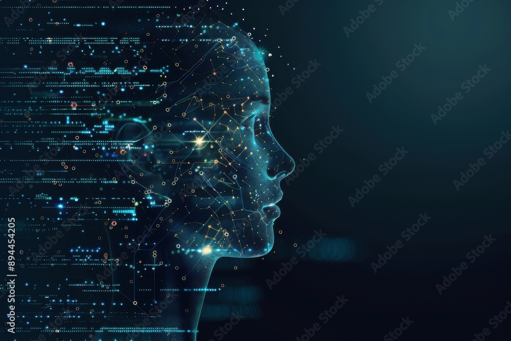 Poster a woman's face is shown in a computer generated image. the image is made up of many small dots, givi