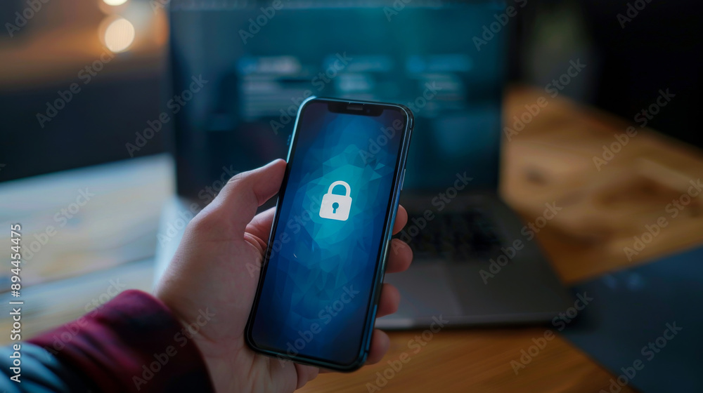 Poster close-up of a mobile smartphone in hands on the screen of which there is a lock icon for unlocking. 